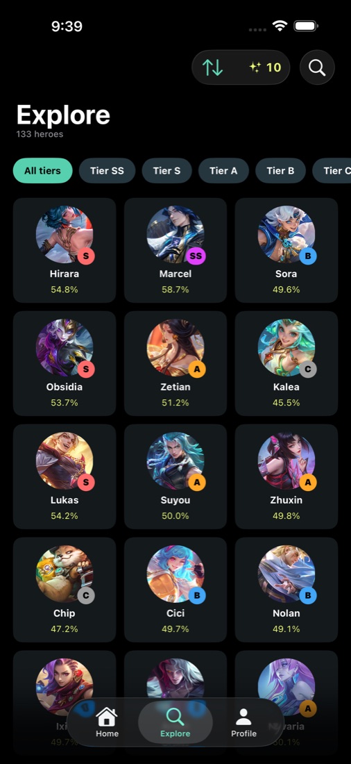 Explore tab with tier chips and hero grid